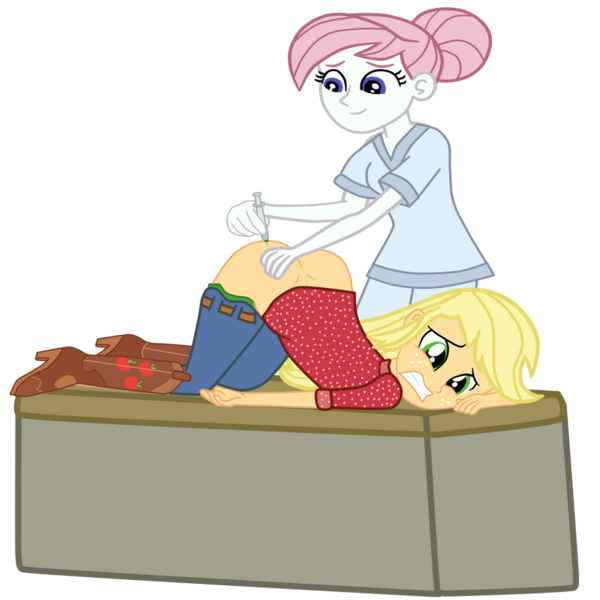 Size: 894x894 | Tagged: suggestive, artist:gmaplay, derpibooru import, applejack, nurse redheart, equestria girls, applebutt, ass, ass up, butt, face down ass up, image, injection, literal butthurt, pain, png, syringe