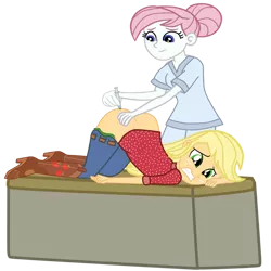 Size: 894x894 | Tagged: suggestive, artist:gmaplay, derpibooru import, applejack, nurse redheart, equestria girls, applebutt, ass, ass up, butt, face down ass up, image, injection, literal butthurt, pain, png, syringe