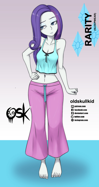 Size: 984x1860 | Tagged: safe, artist:oldskullkid, derpibooru import, rarity, equestria girls, barefoot, belly button, clothes, feet, female, hand, hand on hip, image, jpeg, midriff, pajamas, sleeveless