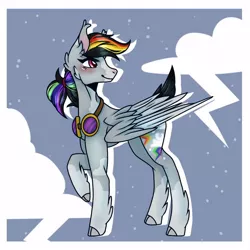 Size: 1000x1000 | Tagged: safe, artist:general-honeybee, derpibooru import, rainbow dash, pegasus, pony, coat markings, female, g5 concept leak style, g5 concept leaks, goggles, hooves, image, jpeg, looking back, mare, rainbow dash (g5 concept leak), raised hoof, redesign, simple background, solo, spread wings, wings