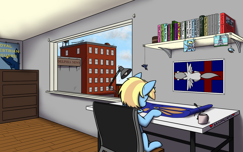 Size: 1920x1200 | Tagged: safe, artist:skydreams, derpibooru import, oc, oc:skydreams, unofficial characters only, pegasus, pony, unicorn, airship, apartment, artificial wings, augmented, blueprint, book, bookshelf, cloud, daring do books, desk, dresser, female, fillydelphia, image, manga, mare, mug, photo, png, poster, royal equestrian skyguard, textbook, torn photo, wings