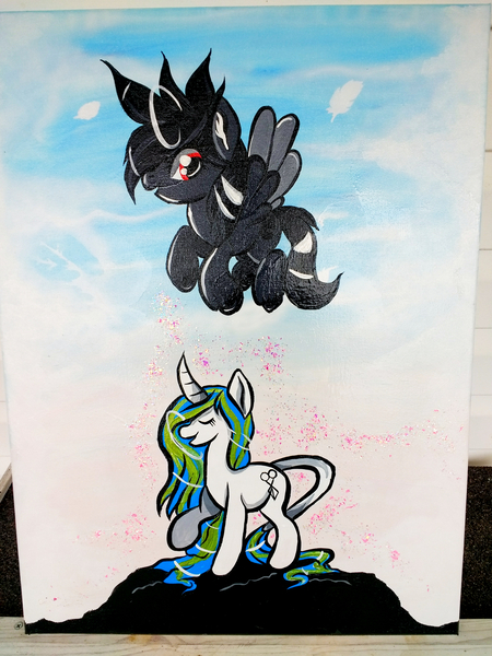 Size: 1920x2560 | Tagged: safe, artist:annuthecatgirl, derpibooru import, oc, oc:anti-lag, oc:sharp shear, pegasus, pony, unicorn, image, jpeg, painting, traditional art