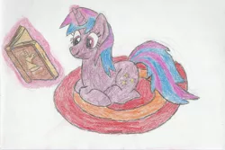 Size: 3128x2093 | Tagged: safe, artist:cosmicspark, derpibooru import, oc, oc:cosmic spark, unofficial characters only, pony, unicorn, book, colored pencil drawing, comments locked down, female, image, jpeg, lying down, magic, mare, prone, telekinesis, traditional art