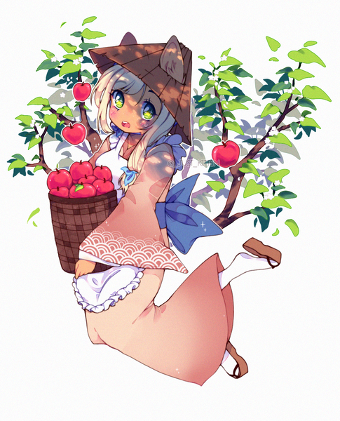 Size: 1200x1486 | Tagged: safe, artist:kitten-in-the-jar, derpibooru import, applejack, anthro, plantigrade anthro, apple, apple tree, apron, basket, clothes, cute, ear fluff, food, geta, image, jackabetes, looking at you, open mouth, png, seller, shoe dangling, simple background, socks, solo, tree, white background, yukata