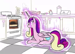 Size: 1017x728 | Tagged: safe, artist:jargon scott, derpibooru import, part of a set, princess cadance, alicorn, pony, cheese pizza, female, food, glowing eyes, image, jpeg, lying down, mare, oven, peetzer, pizza, princess of love, smiling, solo, that pony sure does love pizza