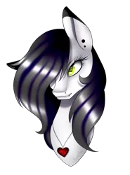 Size: 981x1327 | Tagged: safe, artist:minelvi, derpibooru import, oc, unofficial characters only, earth pony, pony, bust, ear piercing, earth pony oc, eyelashes, hair over one eye, image, jewelry, lip piercing, necklace, piercing, png, simple background, solo, transparent background