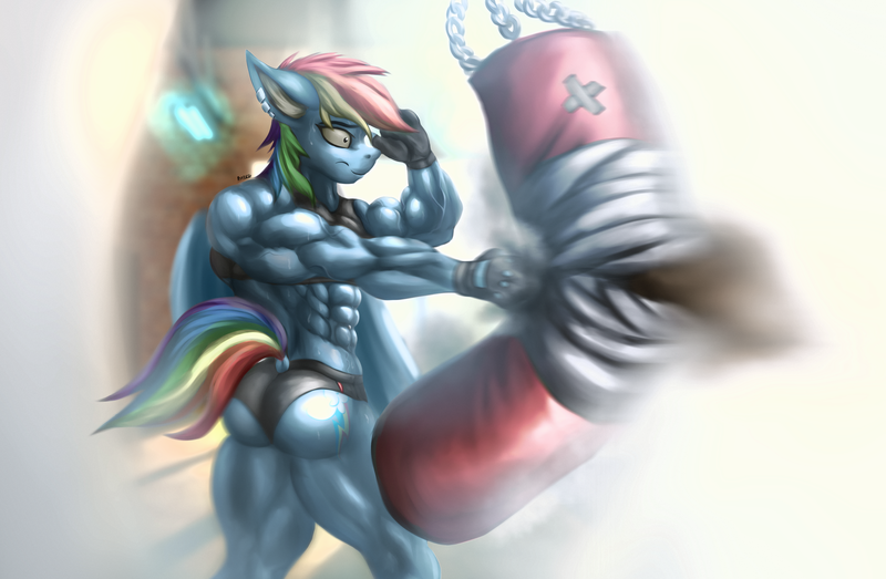 Size: 2800x1830 | Tagged: suggestive, artist:rizzyofen, derpibooru import, rainbow dash, anthro, pegasus, pony, abs, belly button, biceps, bodybuilder, bra, buff, butt, clothes, cutie mark, ear fluff, female, fingerless gloves, fit, gloves, gym, gym uniform, image, jewelry, mare, muscles, muscular female, oops, piercing, png, punch, punching bag, rainbuff dash, sexy, solo, solo female, sports bra, sweat, thighs, thunder thighs, underwear, workout, workout outfit