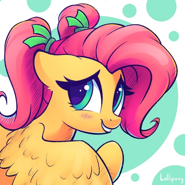 Size: 1000x1000 | Tagged: safe, artist:lollipony, derpibooru import, fluttershy, pegasus, pony, abstract background, alternate hairstyle, blushing, bust, cute, daaaaaaaaaaaw, ear fluff, female, floppy ears, image, jpeg, looking back, mare, pigtails, portrait, shyabetes, smiling, solo, spread wings, twintails, wings