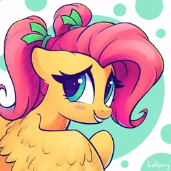 Size: 1000x1000 | Tagged: safe, artist:lollipony, derpibooru import, fluttershy, pegasus, pony, abstract background, alternate hairstyle, blushing, bust, cute, daaaaaaaaaaaw, ear fluff, female, floppy ears, image, jpeg, looking back, mare, pigtails, portrait, shyabetes, smiling, solo, spread wings, twintails, wings