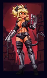 Size: 1500x2500 | Tagged: suggestive, artist:king-kakapo, derpibooru import, applejack, human, abs, absolute cleavage, badass, bare midriff, big breasts, boots, breasts, busty applejack, chains, cleavage, clothes, cosplay, costume, crossover, devil, devil horns, grin, helltaker, high heel boots, high heels, humanized, image, judgement, pentagram, png, shoes, smiling, thigh boots