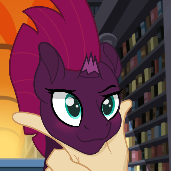 Size: 2500x2500 | Tagged: safe, artist:pizzamovies, derpibooru import, tempest shadow, oc, oc:anon, blushing, broken horn, cute, hand, horn, image, png, smiling, tempestbetes