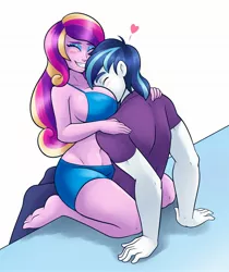 Size: 1710x2040 | Tagged: suggestive, artist:ambris, derpibooru import, princess cadance, shining armor, equestria girls, barefoot, big breasts, boob smothering, bra, breasts, busty princess cadance, clothes, commission, dean cadance, digital art, eyes closed, feet, female, image, jpeg, male, motorboating, shiningcadance, shipping, shirt, smiling, smothering, straight, this will end in suffocation, underwear