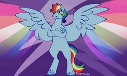 Size: 1500x900 | Tagged: safe, artist:pigeorgien, derpibooru import, rainbow dash, pegasus, pony, bipedal, crossed hooves, female, forelegs crossed, image, lightning, mare, png, rainbow, solo, spread wings, standing on two hooves, wings