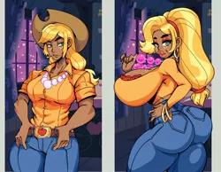 Size: 2480x1925 | Tagged: suggestive, artist:scarfyace, derpibooru import, applejack, human, alternate hairstyle, apple, applejack's hat, areola, ass, before and after, belt, big breasts, big eyebrows, big lips, bimbo, bimboification, bimbo jack, bra, breast expansion, breasts, busty applejack, butt, butt expansion, cleavage, clothes, cowboy hat, curvy, dark skin, dat ass was fat, dick sucking lips, ear piercing, earring, expansion, eyebrows, fat ass, female, food, freckles, green eyes, growth, hair growth, hand on hip, hands on hip, happy, hat, hips, horny, housewife, huge breasts, humanized, image, jeans, jewelry, jpeg, large butt, legs, lips, lipstick, long nails, looking at you, looking back, looking back at you, magic, makeup, moderate dark skin, muscles, nails, necklace, pants, pearl necklace, piercing, ponytail, sexy, slut, solo, solo female, standing, stupid sexy applejack, the ass was fat, thicc ass, thick, thighs, thunder thighs, tight clothing, transformation, underwear, whore, wife