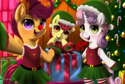 Size: 3150x2100 | Tagged: safe, artist:darksly, derpibooru import, apple bloom, scootaloo, sweetie belle, earth pony, pegasus, semi-anthro, unicorn, christmas, christmas tree, clothes, costume, cutie mark crusaders, elf costume, holiday, image, jpeg, open mouth, present, red nose, tree