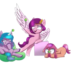Size: 5800x6100 | Tagged: safe, artist:melancholy, artist:melanyoprisdraws, derpibooru import, izzy moonbow, pipp petals, sunny starscout, earth pony, pegasus, pony, unicorn, absurd resolution, beanbag chair, female, floppy ears, g5, horn, horn guard, horn impalement, hornball, image, izzy's tennis ball, mare, png, signature, simple background, sitting, smiling, teeth, tennis ball, transparent background