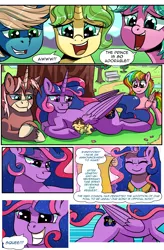 Size: 1800x2740 | Tagged: safe, artist:candyclumsy, author:bigonionbean, derpibooru import, oc, oc:candy clumsy, oc:king speedy hooves, oc:queen galaxia, oc:tommy the human, alicorn, earth pony, pegasus, pony, unicorn, comic:attack on an alicorn, alicorn oc, child, colt, comic, commissioner:bigonionbean, cuddling, cute, cutie mark, dawwww, dialogue, father and child, father and son, female, flashback, fusion, fusion:king speedy hooves, fusion:queen galaxia, happy, horn, husband and wife, image, jewelry, magic, male, mare, mother and child, mother and son, paper, park, png, random pony, regalia, scroll, sleeping, squee, stallion, wings