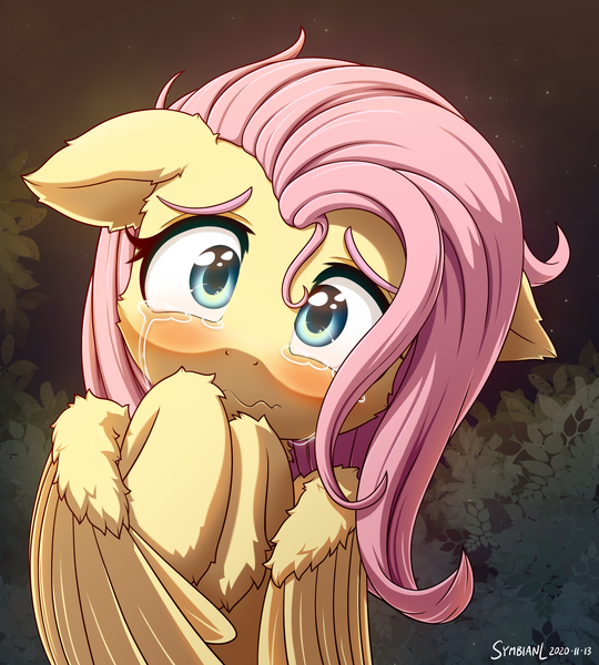 Size: 1800x2000 | Tagged: safe, artist:symbianl, derpibooru import, fluttershy, pegasus, pony, :c, blushing, bust, cheek fluff, crying, cute, ear fluff, female, floppy ears, fluffy, frown, full face view, hoof fluff, hooves to the chest, image, leg fluff, looking at you, mare, png, sad, sadorable, scared, shyabetes, solo, stray strand, teary eyes, wavy mouth, wing fluff, wings