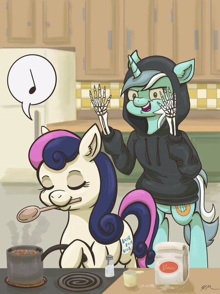 Size: 1536x2048 | Tagged: safe, artist:catscratchpaper, derpibooru import, bon bon, lyra heartstrings, sweetie drops, earth pony, pony, unicorn, clothes, cooking, dig the swell hoodie, eyes closed, fake arms, hand, hoodie, image, jpeg, kitchen, moments before disaster, mouth hold, prank, refrigerator, suddenly hands, that pony sure does love hands, this will end in pain