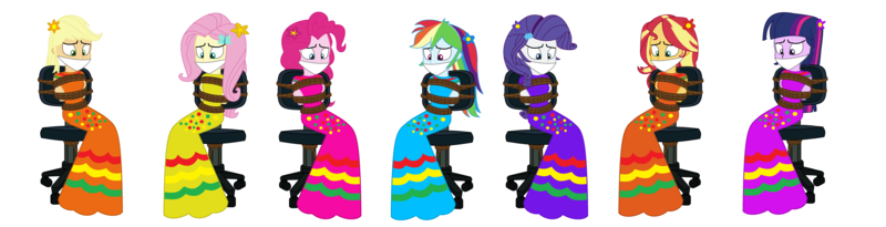 Size: 7816x2000 | Tagged: safe, alternate version, artist:brightstar40k, derpibooru import, applejack, fluttershy, pinkie pie, rainbow dash, rarity, sci-twi, sunset shimmer, twilight sparkle, equestria girls, bondage, bound and gagged, cinco de mayo, cloth gag, clothes, gag, humane five, humane seven, humane six, image, long dress, long skirt, png, rope, rope bondage, show accurate, simple background, skirt, tied to chair, tied up, white background