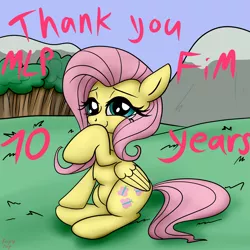 Size: 3500x3500 | Tagged: safe, artist:littlenaughtypony, derpibooru import, fluttershy, anniversary, crying, forest, happy birthday mlp:fim, image, jpeg, mlp fim's tenth anniversary, mountain, solo, tree