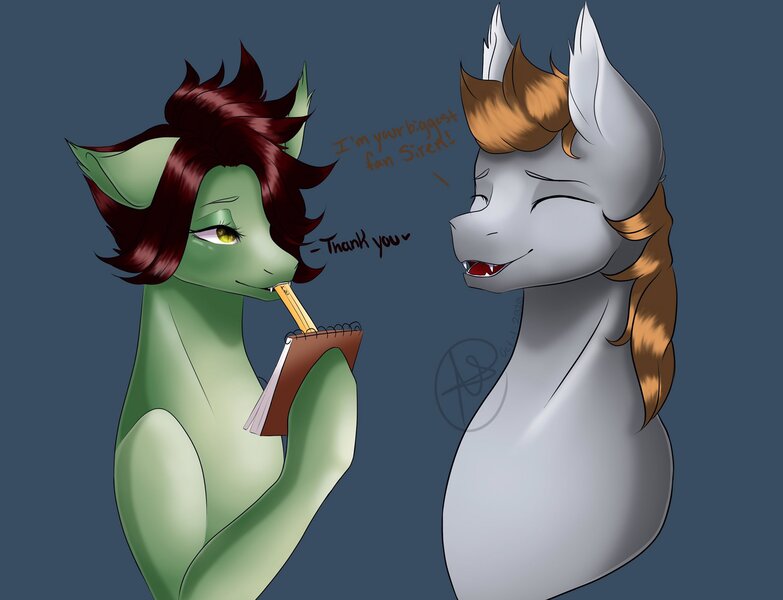 Size: 2048x1570 | Tagged: source needed, safe, artist:allianathedoe, derpibooru import, oc, oc:devin, oc:dive siren, pony, autograph, crush, dialogue, diren, duo, fan, fangs, female, floppy ears, image, jpeg, lidded eyes, male, nervous, shipping, smiling, straight, writing