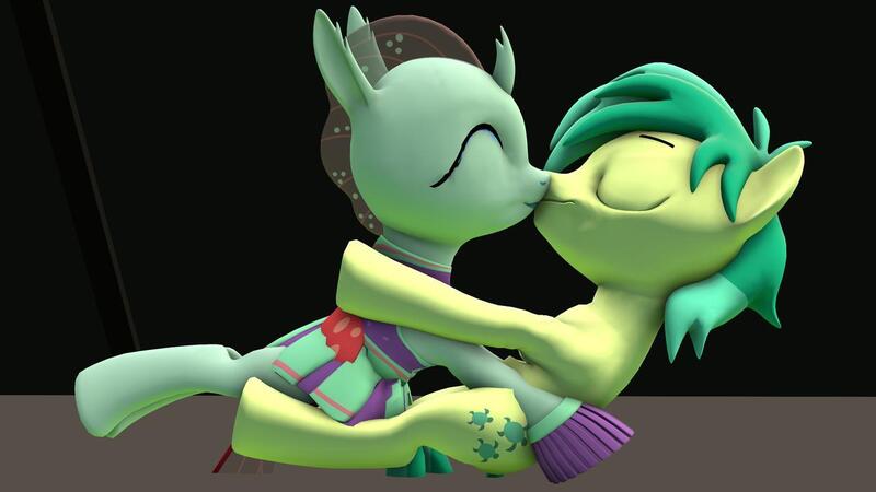 Size: 1280x720 | Tagged: safe, artist:andrescortez7, derpibooru import, ocellus, sandbar, changedling, changeling, earth pony, pony, 3d, cheerleader, cheerleader ocellus, cheerleader outfit, clothes, female, image, interspecies, jpeg, kissing, male, ocelbar, sfm pony, shipping, source filmmaker, straight