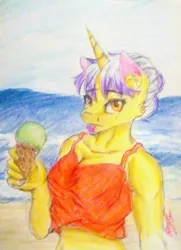 Size: 825x1142 | Tagged: safe, artist:beyond_inside, derpibooru import, oc, oc:snow t. chaos, anthro, unicorn, :p, beach, bust, female, food, horn, ice cream, ice cream cone, image, jpeg, outdoors, signature, solo, tongue out, traditional art, unicorn oc