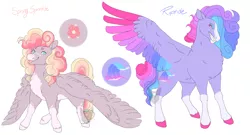 Size: 3200x1728 | Tagged: safe, artist:arexstar, derpibooru import, oc, oc:riptide, oc:spring sprinkle, unofficial characters only, pegasus, pony, colored wings, image, magical lesbian spawn, multicolored wings, offspring, parent:pinkie pie, parent:rainbow dash, parents:derpypie, parents:pinkiedash, png, simple background, white background, wings