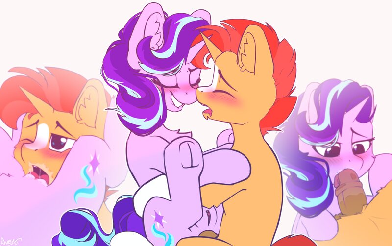 Size: 4096x2569 | Tagged: explicit, artist:avery-valentine, derpibooru import, starlight glimmer, sunburst, pony, unicorn, anal, anus, blaze (coat marking), blowjob, blushing, chest fluff, clitoris, coat markings, crossed horns, cunnilingus, ear fluff, facial markings, female, frog (hoof), horn, horns are touching, human vagina on pony, image, jpeg, licking, licking cock, lip bite, looking pleasured, male, messy mane, nudity, oral, penetration, penis, sex, shipping, socks (coat marking), starburst, straight, tongue out, underhoof, vagina, vaginal secretions, vulva