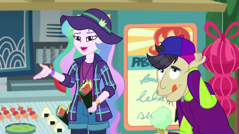 Size: 1920x1080 | Tagged: safe, derpibooru import, screencap, cranky doodle donkey, princess celestia, equestria girls, equestria girls series, the road less scheduled, the road less scheduled: celestia, spoiler:eqg series (season 2), backwards ballcap, baseball cap, cap, food, hat, ice cream, image, onigiri, png, principal celestia, sushi cone