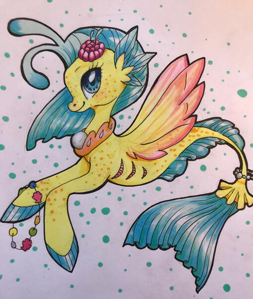 Size: 2255x2658 | Tagged: safe, artist:scarletkk, derpibooru import, princess skystar, seapony (g4), my little pony: the movie, blue eyes, dorsal fin, female, fish tail, flower, flower in hair, flowing mane, flowing tail, freckles, horn, image, jewelry, jpeg, necklace, ocean, pearl necklace, seaweed, simple background, smiling, solo, tail, traditional art, underwater, water, white background