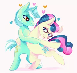 Size: 1280x1212 | Tagged: safe, artist:victoriahwinter, derpibooru import, bon bon, lyra heartstrings, sweetie drops, earth pony, unicorn, the last problem, alternate hairstyle, bipedal, dancing, duo, female, floating heart, heart, heart eyes, image, jpeg, lesbian, lidded eyes, looking at each other, lyrabon, older bon bon, older lyra heartstrings, shipping, simple background, standing, standing on one leg, wingding eyes