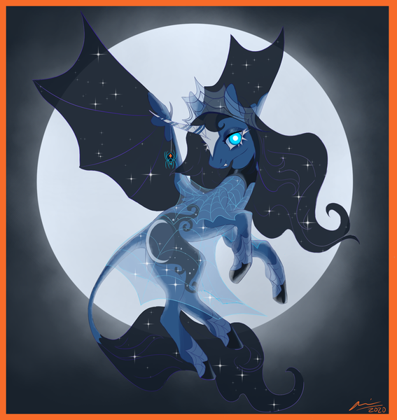 Size: 1700x1800 | Tagged: safe, artist:creeate97, derpibooru import, princess luna, alicorn, bat pony, bat pony alicorn, pony, spider, alternate design, bat wings, clothes, cute, cute little fangs, dress, fangs, female, flying, full moon, halloween, holiday, horn, image, leonine tail, looking at you, mare, moon, night, png, race swap, see-through, solo, wings