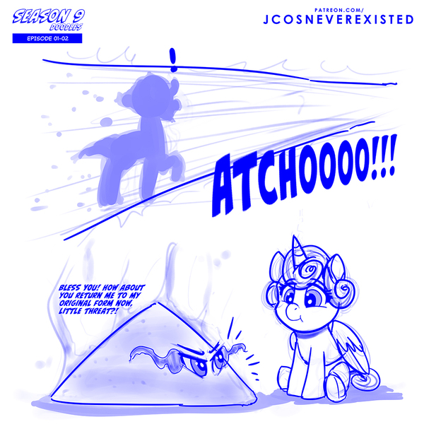 Size: 1024x1024 | Tagged: safe, artist:jcosneverexisted, derpibooru import, king sombra, princess flurry heart, the beginning of the end, angry, ash, baby, burned, cartoon physics, comic, dialogue, female, image, jpeg, magic, male, season 9 doodles, sneezing