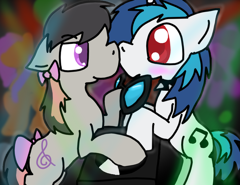 Size: 1000x768 | Tagged: safe, artist:stormthepony, derpibooru import, octavia melody, vinyl scratch, earth pony, pony, unicorn, blushing, boop, bow, female, glasses off, hair bow, image, lesbian, mare, noseboop, png, rave, scratchtavia, shipping, tail bow, turntable