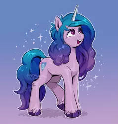 Size: 1431x1500 | Tagged: safe, artist:porcelanowyokular, derpibooru import, manebooru import, izzy moonbow, pony, unicorn, g5, eyelashes, female, gradient background, gradient hair, horn pattern, image, multicolored hair, multicolored tail, open mouth, png, purple eyes, simple background, solo, sparkles, unshorn fetlocks