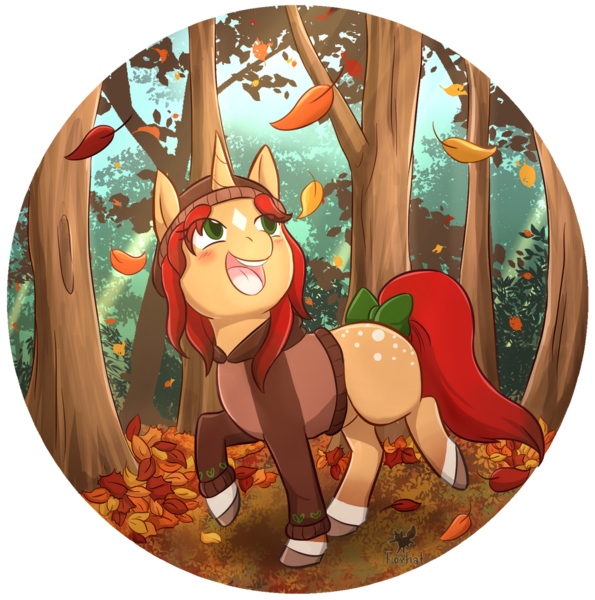 Size: 1024x1033 | Tagged: safe, artist:foxhatart, derpibooru import, oc, oc:toffee apple, pony, unicorn, autumn, bow, clothes, female, image, leaf, leaves, mare, png, solo, sweater, tail bow, tree