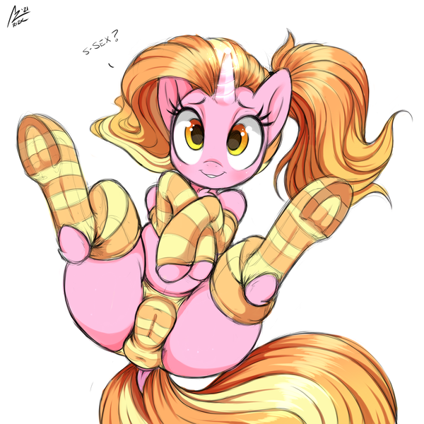 Size: 2000x2000 | Tagged: questionable, artist:aer0 zer0, derpibooru import, luster dawn, pony, unicorn, adorasexy, cameltoe, clothes, cute, female, hockless socks, image, looking at you, lusty dawn, panties, png, sexy, socks, solo, subtle as a train wreck, underhoof, underwear