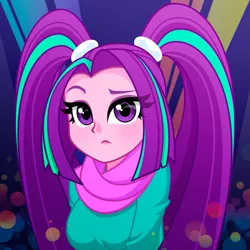Size: 905x905 | Tagged: safe, artist:rosemile mulberry, derpibooru import, aria blaze, equestria girls, ariabetes, blushing, bust, clothes, cute, female, image, moe, pigtails, png, raised eyebrow, scarf, solo, transparent hair, twintails