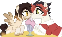 Size: 1152x682 | Tagged: safe, artist:kryptidkitty, artist:quartziie, derpibooru import, oc, oc:mocha slumber, oc:scheming smile, unofficial characters only, earth pony, pegasus, pony, base used, earth pony oc, image, looking at each other, nose piercing, nose ring, pegasus oc, piercing, png, sharing a drink, simple background, straw, transparent background, two toned wings, wings