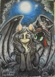 Size: 429x604 | Tagged: safe, artist:maryhoovesfield, derpibooru import, oc, unofficial characters only, bat pony, pegasus, pony, bat pony oc, bat wings, duo, eyelashes, fangs, female, full moon, hug, image, jpeg, mare, moon, night, outdoors, pegasus oc, signature, smiling, traditional art, wings