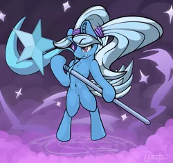 Size: 2404x2269 | Tagged: safe, artist:llametsul, derpibooru import, trixie, pony, unicorn, alternate hairstyle, babysitter trixie, belly button, chest fluff, clothes, determined, ear fluff, eyepatch, female, floating, high res, hoodie, image, magic, mare, pigtails, png, runes, signature, smoke, solo, sparkles, spell, staff, twintails