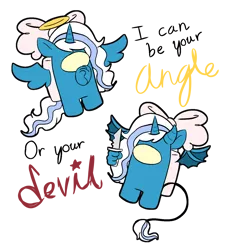 Size: 1240x1340 | Tagged: safe, artist:lopunne, derpibooru import, oc, oc:fleurbelle, unofficial characters only, alicorn, pony, alicorn oc, among us, angel, angelic wings, bow, crewmate, crewsona, devil, devil horns, devil tail, female, hair bow, halo, horn, i can be your angle or your devil, image, knife, mare, png, rouge angles of satin, simple background, solo, transparent background, wings