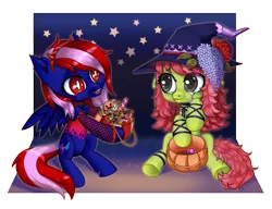 Size: 2217x1700 | Tagged: safe, artist:purring_cat, derpibooru import, oc, oc:shella swift, unofficial characters only, demon, earth pony, pegasus, pony, candy, chibi, clothes, commission, costume, crying, food, halloween, halloween costume, holiday, image, night, png, red eyes, sequins, witch, ych result