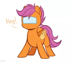 Size: 490x430 | Tagged: safe, artist:higgly-chan, derpibooru import, scootaloo, pegasus, pony, among us, crewmate, crossover, female, filly, helmet, image, png, simple background, solo, spacesuit, video game crossover, white background