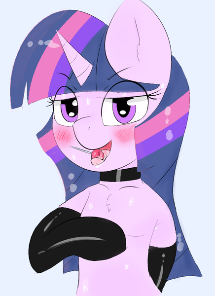 Size: 671x923 | Tagged: suggestive, artist:nozukz, derpibooru import, twilight sparkle, pony, unicorn, armpits, blushing, candy, choker, clothes, female, food, image, jojo's bizarre adventure, latex, licking, lollipop, looking at you, mare, open mouth, png, rerorero, simple background, socks, solo, solo female, sweat, tongue out