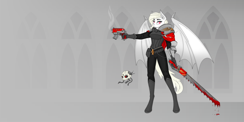 Size: 8000x4000 | Tagged: artist needed, safe, derpibooru import, oc, oc:albi light wing, ponified, anthro, bat pony, pony, abstract background, albino, aquila, armor, bat pony oc, bat wings, blood, bolter, chainsword, clothes, crossover, female, gun, image, imperium, inquisition, inquisitor, looking at you, mare, melee weapon, nightpony, pink eyes, png, ponyhammer, servo skull, simple background, skull, solo, sword, uniform, warhammer (game), warhammer 40k, weapon, white fur, wings