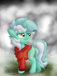 Size: 3024x4032 | Tagged: safe, artist:background basset, derpibooru import, lyra heartstrings, pony, unicorn, clothes, dig the swell hoodie, female, grass, hoodie, image, mare, mist, png, sad, solo