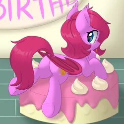 Size: 2000x2000 | Tagged: safe, artist:15.1.14, derpibooru import, oc, oc:cheery bell, unofficial characters only, bat pony, pony, bat pony oc, bat wings, birthday, birthday cake, cake, cute, food, image, jpeg, ocbetes, wings
